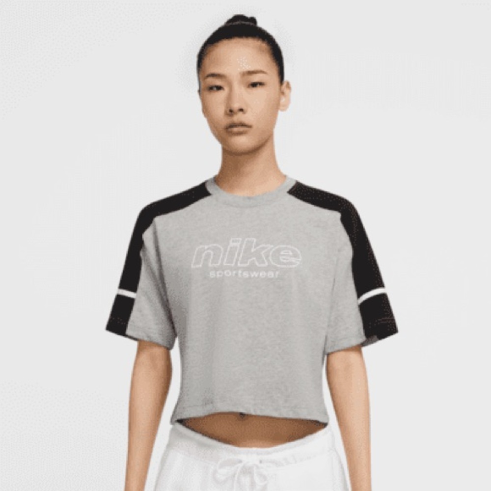 Nike Women's Gray, Black, and White Sportswear Short Sleeve Top